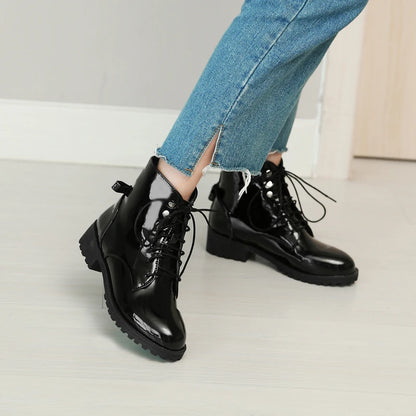 Leather Lace Up Low Heel Boots